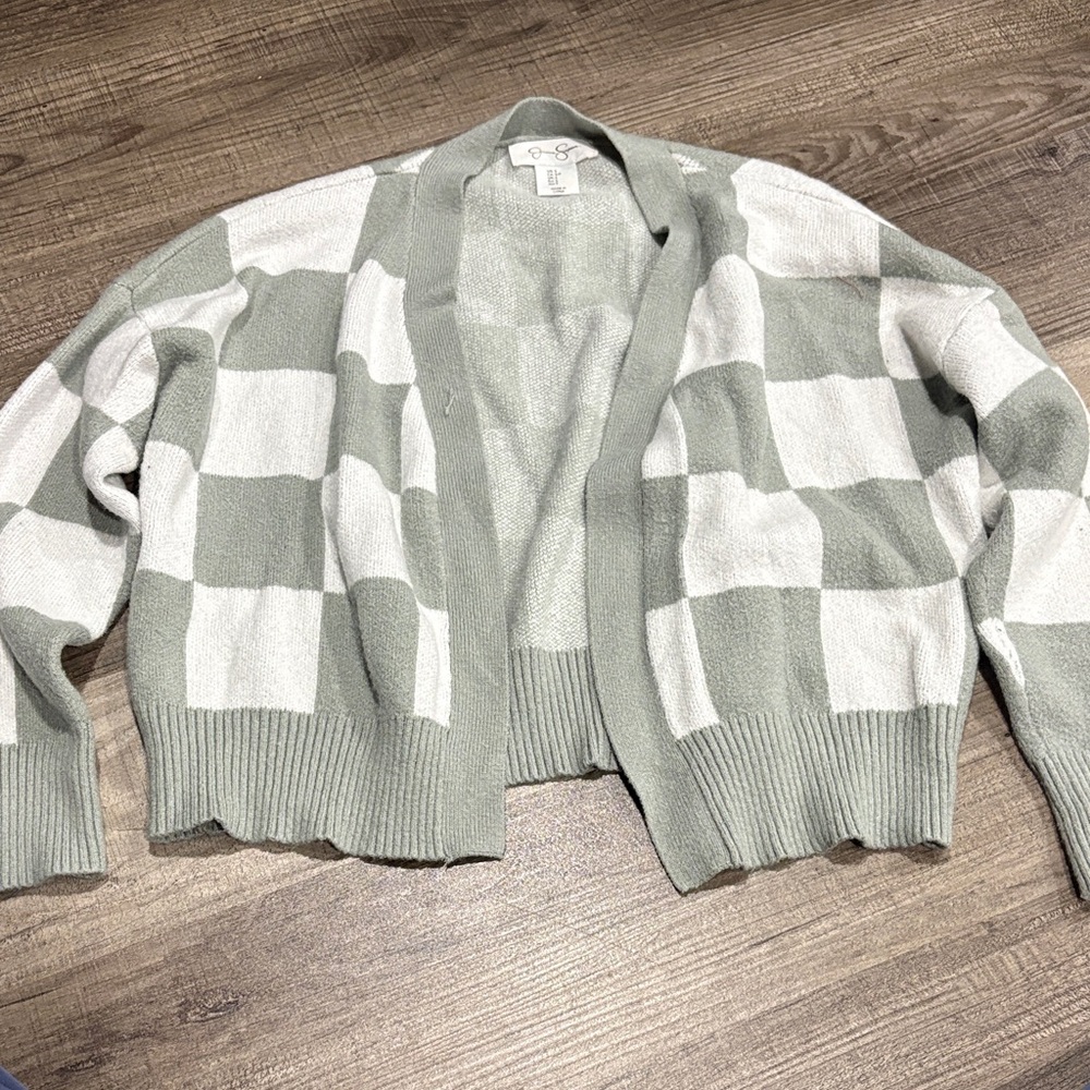 Jessica Simpson Sage and White Checkered Cardigan